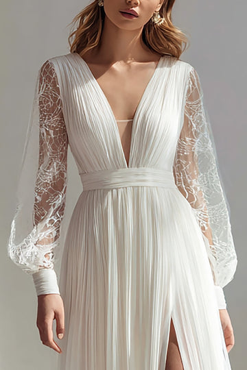 V-Neck Ivory A-Line Slit Long Sleeve Wedding Dress With Lace
